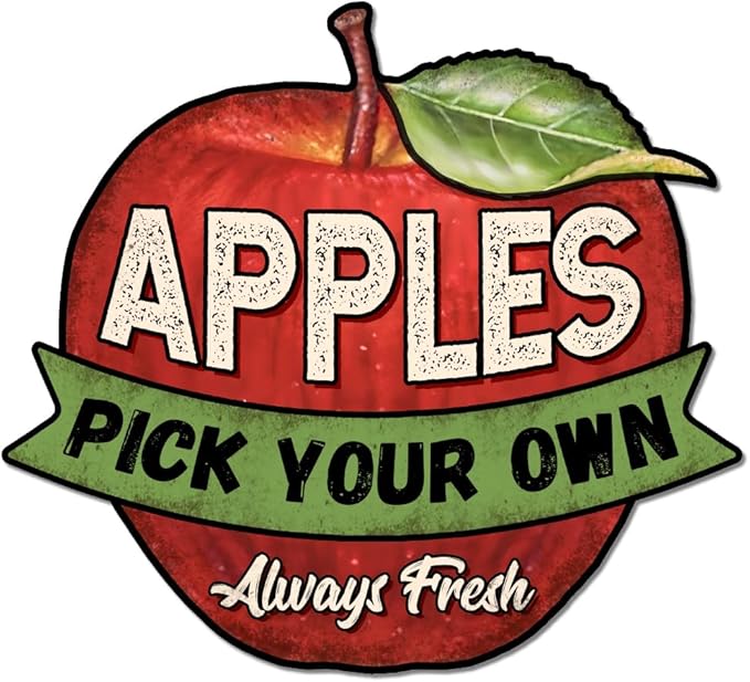 GLOBLELAND Vintage Metal Apple Shape Tin Sign 10.6x9.6inch "Apples Always Fresh Pick Your Own" Retro Plaque Poster Metal Wall Decorative Tin Signs for Home Kitchen Restaurant Coffee Shop Club Bar