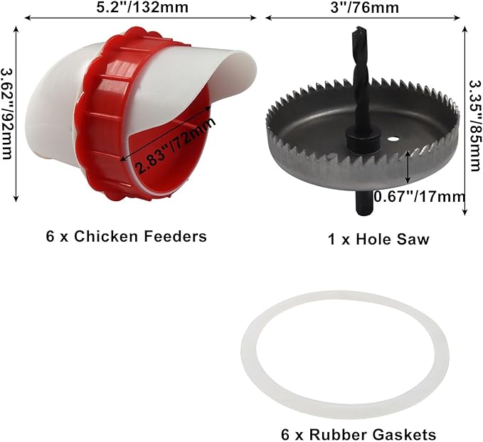 6pcs Chicken Feeder Kit with Hole Saw, Heavy Duty Rainproof & No-Waste DIY Automatic-Feeding Gravity System for Buckets/Troughs
