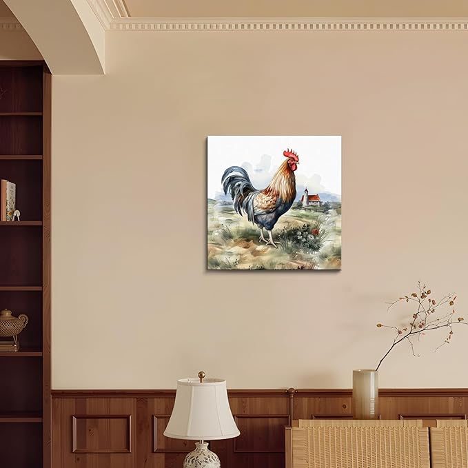 Framed Chicken Wall Art 16x16 Inch Rooster on Flower Stand Canvas Print Farmhouse Country Style Artwork for Kitchen Living Room Rustic Home Wall Decor (Rooster and farmhouse, 20L×20W)