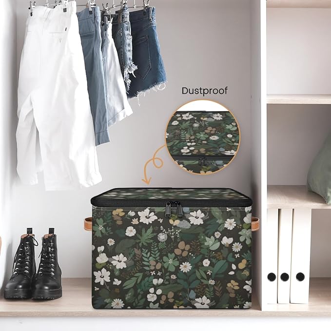 Boho Wildflowers Storage Bins with Lids, Sage Green Leaves Fabric Storage Boxes with Zipper, Collapsible Decorative Closet Organizer Cube for Clothes, Organizing, Shelves