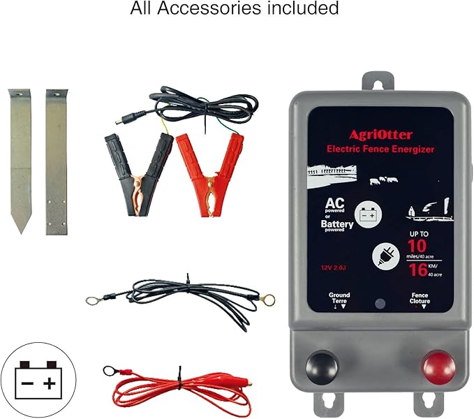 Electric Fence Energizer 40 Acre 10 Miles 2 in 1 Powered by Battery or AC Outlet 12000V 2J Pulse Electric