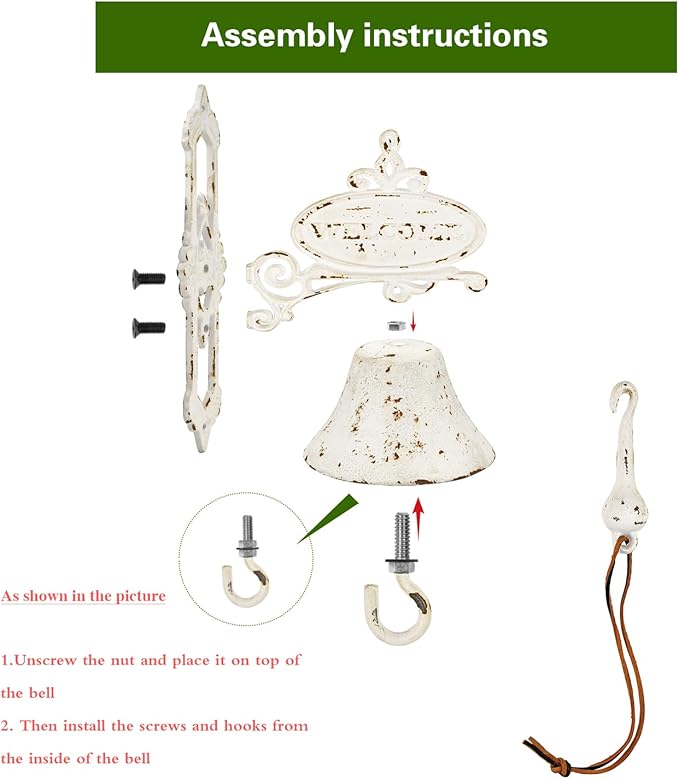 Sungmor Cast Iron Dinner Bell Rustic White Wall Hanging Bell Welcome Sign, Vintage Style Farmhouse Outside Door Bell, Decorative Manually Shaking Doorbell, Indoor Outdoor Wall Mounted Dinner Bell