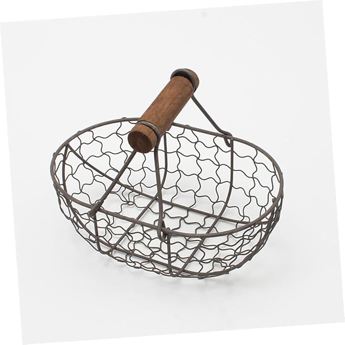 Alipis 2pcs Vintage Style Iron Wire Fruit Basket with Wooden Handle, Multi-function Kitchen Storage Organizer for Bread and Eggs, Decorative Metal Wire Basket for Home Countertop