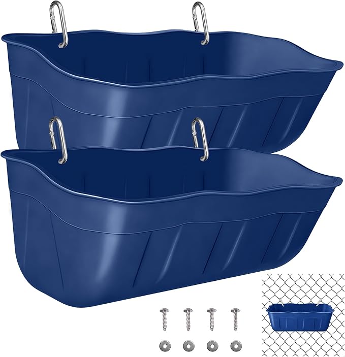 Chicken Feeder Waterer,Hanging Goat Feeders,Feed Trough 3.5 Quart 2 Pack,Hanging Fence Feed Trough for Poultry Livestock,Blue
