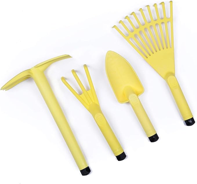 Mintra Garden Tool Set, 4 Piece Heavy Duty Gardening Tools Including Cultivator, Trowel, Shovel & Rake, Durable Poly Material & Non-Slip Handle, Garden Hand Tools Set for Gardening Gift, Yellow