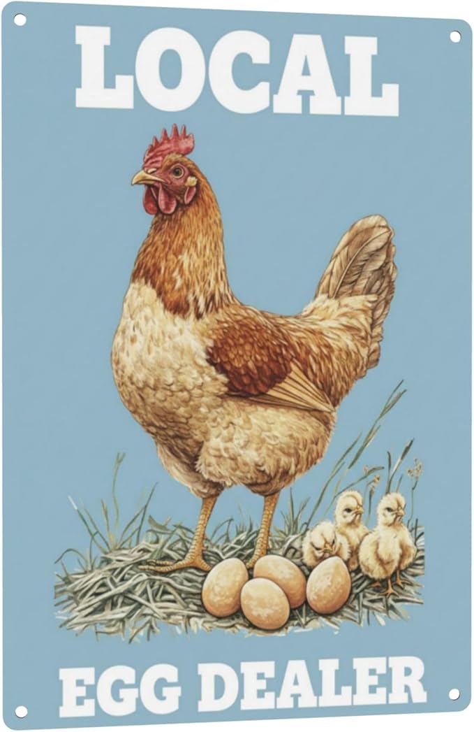 Local Egg Dealer Funny Chicken Coop Sign Farm Fresh Eggs Aluminum Sign Humorous Poultry Farm Decor Gift for Chicken Lovers Rustic Metal Sign 8x12 Inches Style-02
