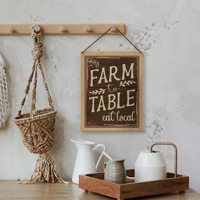 FLVGE Farmhouse Kitchen Decor, Kitchen Wall Decor, Vintage Decor for Home Kitchen Dining Room Porch Bar Cafe, Farm to Table Eat Local Wooden Sign Hanging, 8x10 Inch