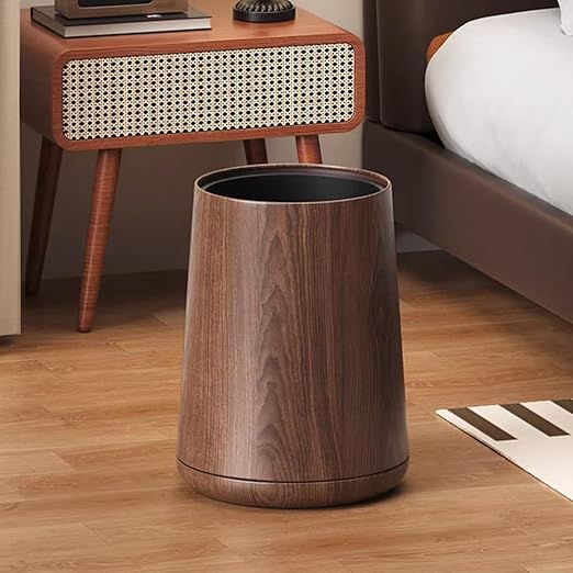 2.1 Gallon Metal Imitation Wood Grain Bathroom Trash Can, Modern, Open Top Wastebasket, Small Garbage Can for Under Desk Kitchen Home Office Bedroom (Taper)