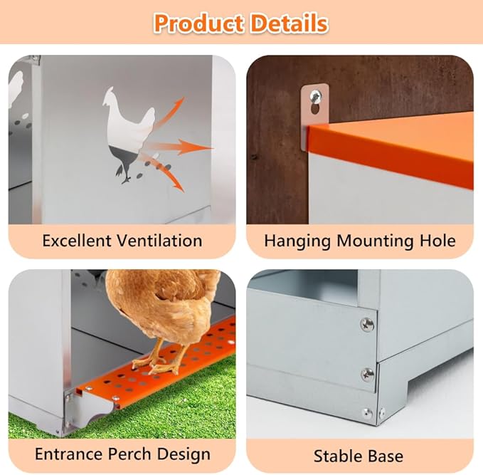 Wall-Mounted Metal Nesting Box for Chickens and Ducks – Galvanized Steel Construction with Ventilation & Easy Egg Access (6-Orange)