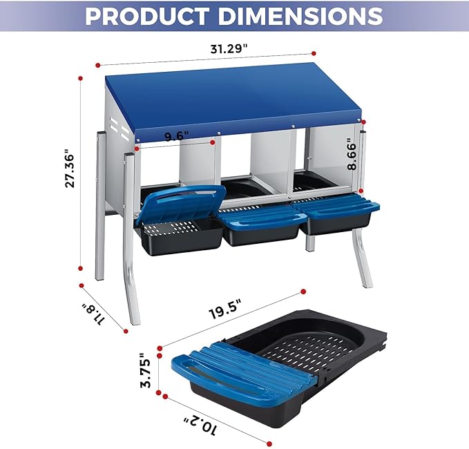 Chicken Nesting Boxes, Metal Rollaway Chicken Nest Box with Rollout Egg Collection, Removable Tray & Nesting Pads, Egg Laying Box for Chicken Coop Hens, Wall Mount or Standing, 3 Compartments, Blue