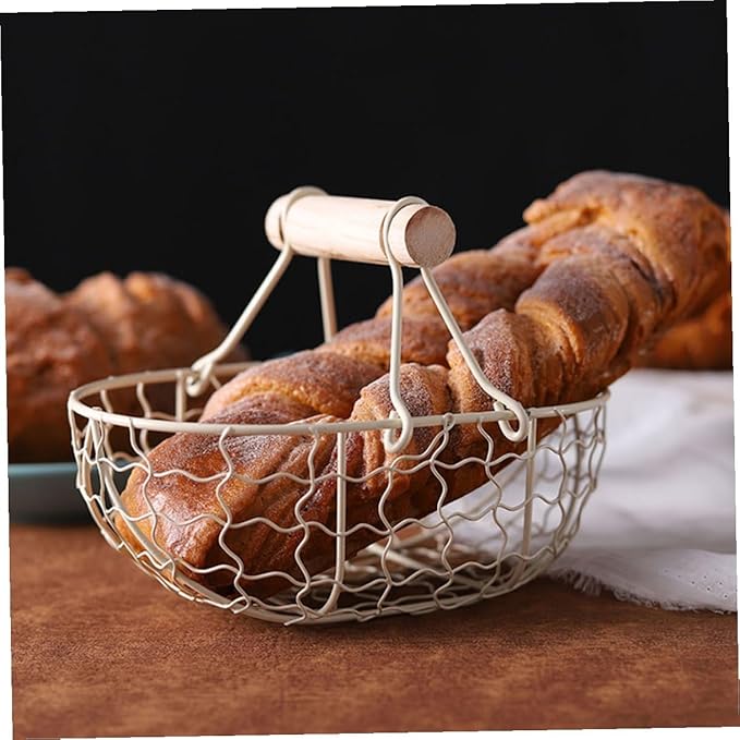 Vintage Rustic Metal Mesh Fruit and Egg Storage Basket Set with Wooden Handles, 2pcs Gray Black and Cream White Farmhouse Style Kitchen Organizer for Countertop and Tabletop Use