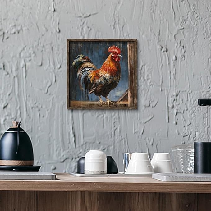 Rooster Wooden Wall Art Decor: Farm Animal Picture Country Cock Framed Artwork Farmhouse Chicken Painting is the Perfect Combination of Energy Nature for the Kitchen Country House Bedroom 16"x16"