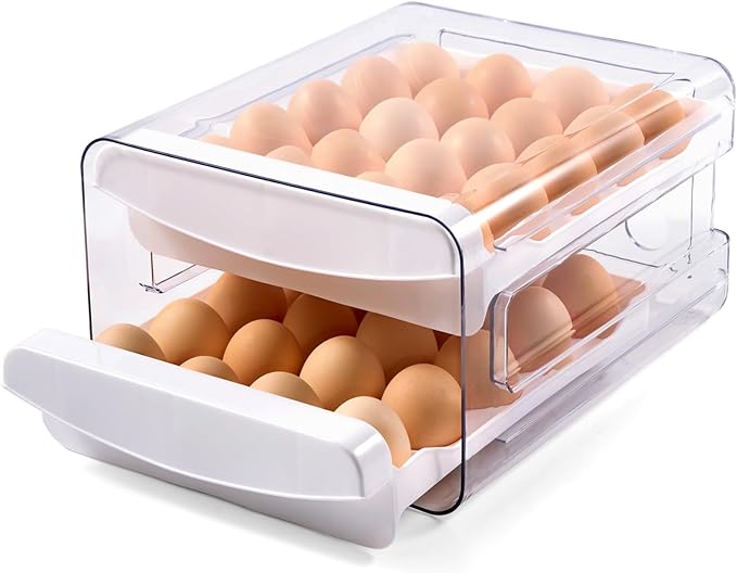 Egg Container Holders Dispenser for Refrigerator 40 Eggs, 2 Tier Clear Stackable Holder Tray with Drawer for Fridge, Storage Container with Handles for Refrigerator, Countertop