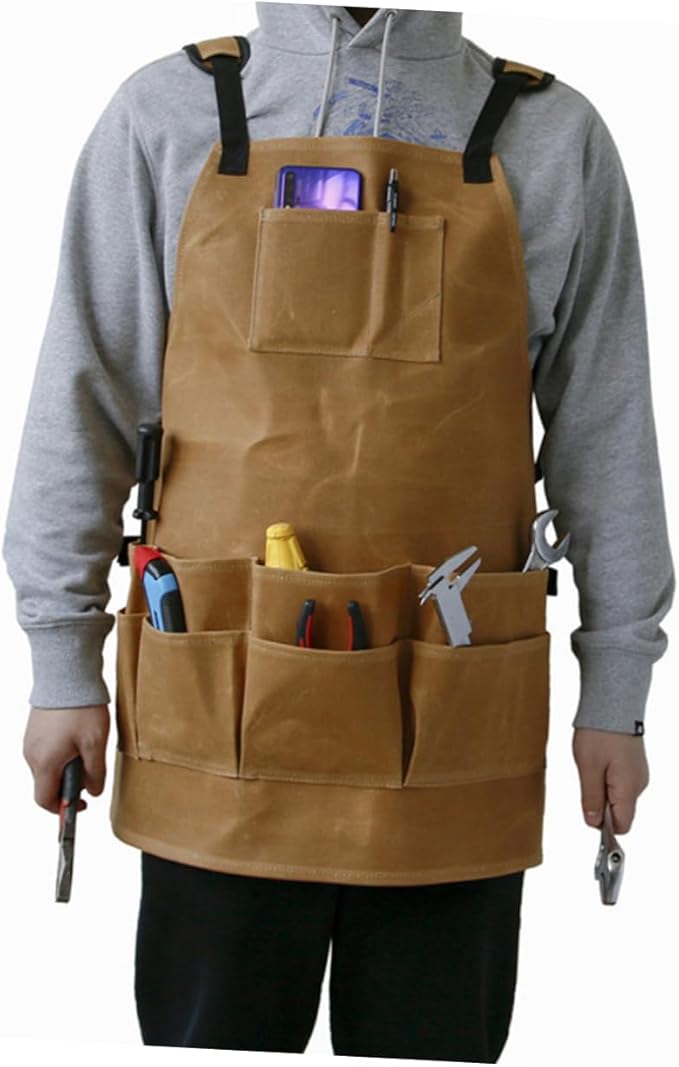 TOYANDONA Waterproof Heavy-Duty Waxed Canvas Garden Apron Tool Pockets Adjustable Cooking Apron for Men and Women Sturdy Oil-Proof Work Pinafore for Gardening and Woodworking