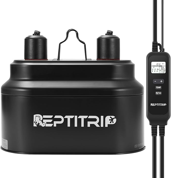 Reptile Heat Lamp with Timer & PID Dimming Thermostat, Dual Reptile Light Fixture, Bearded Dragon Terrarium UVB Bulb Fixture, Max 160W Per Socket (No Bulbs)