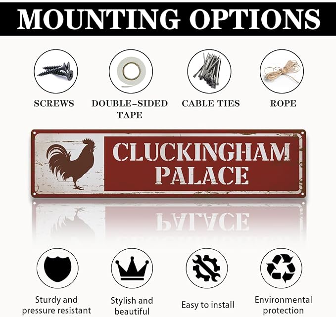 Funny Chicken Coop Decor, Cluckingham Palace Sign, 15.8x4 inches, Vintage Style Metal Sign, Rustic Chicken Decorative, Rooster Farmhouse Decor, Farm Yard Signs, Decorative Aluminum Signs