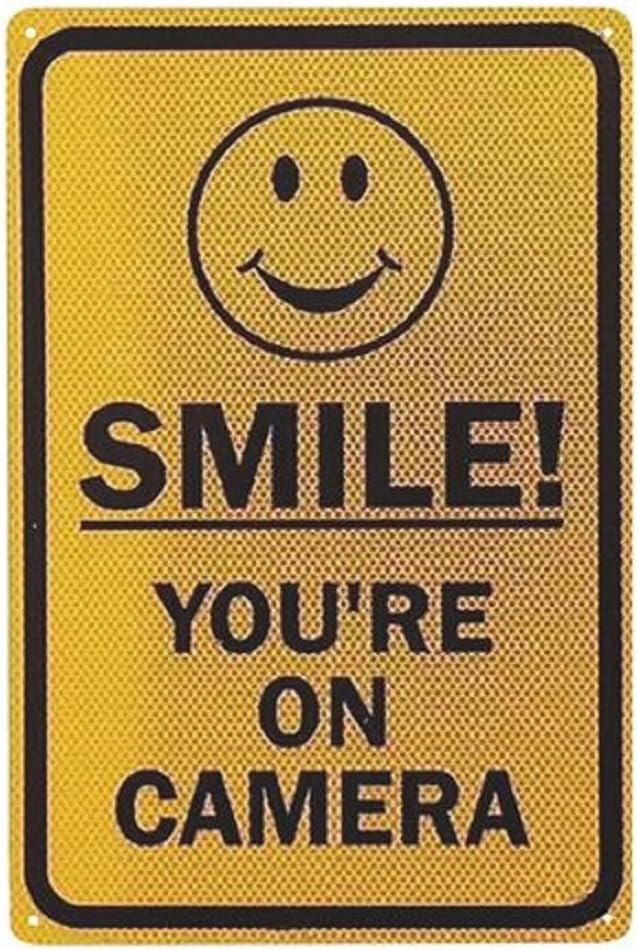 Vintage Metal Tin Sign Smile! You're On Camera With Graphic,Black On Yellow Road Business Sign 12x16 Inches Traffic Tin Painting