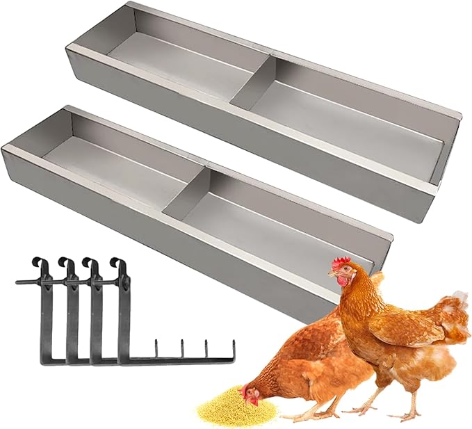 2 Pack Multifunctional Chicken Feeder, Hanging Chicken Feed Trough, Stainless Steel Trough, Chicken Feeder and Waterer Set, for Poultry Livestock. (50 * 11 * 7cm)