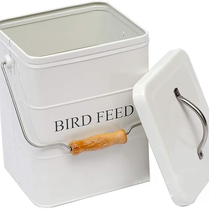 DEAYOU Pet Food Storage Tin with Lid, Metal Bird Seed and Feed Container with Serving Scoop, Treats Storage Canister Bin Can for Dogs, Cats Food, Coated Carbon Steel, Tight Fitting Lid, White, 5-6 Lbs