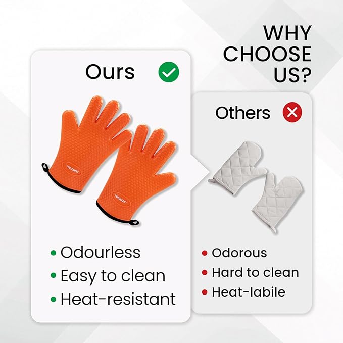Silicone BBQ Cooking Gloves with Meat Smoker Guide，Heat Resistant Oven Mitts with Fingers，Long Protective Cotton Lined Barbecue Grilling Gloves 1 Pair for Kitchen, Cooking, and Baking Gifts (Orange)