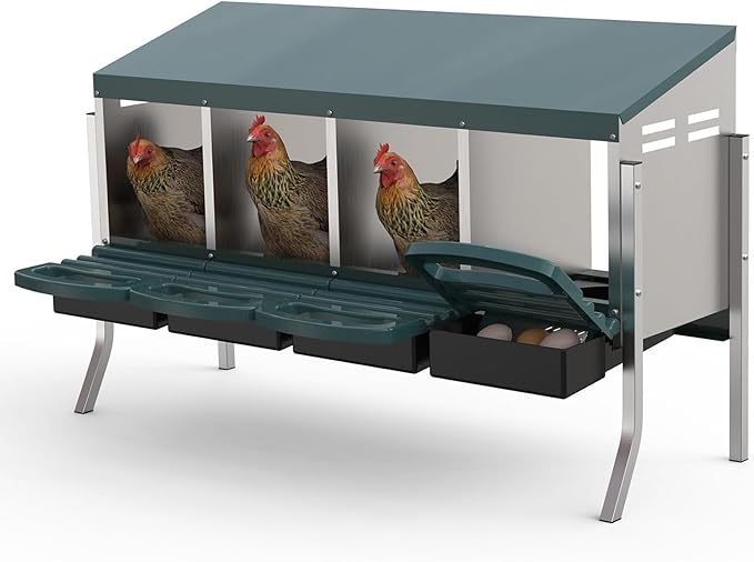 Metal Chicken Nesting Box with Easy-Collect Tray & Lid – 3/4/2x2 Compartment Heavy Duty Roll Away Nesting Boxes for Chickens, Wall Mount or Freestanding, Galvanized Steel Hen Laying Box for Coop