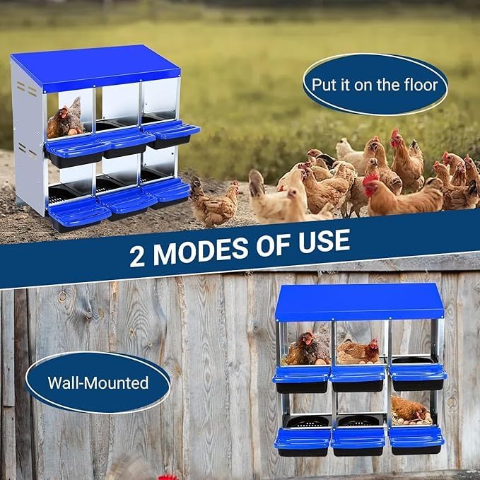 Chicken Nesting Box, 6-Compartment Egg Laying Box, Convenient for Collecting Eggs, Ventilated Poultry House Equipment in Metal Chicken Coop, Suitable for Hens and Ducks, (Blue, Without Stand)