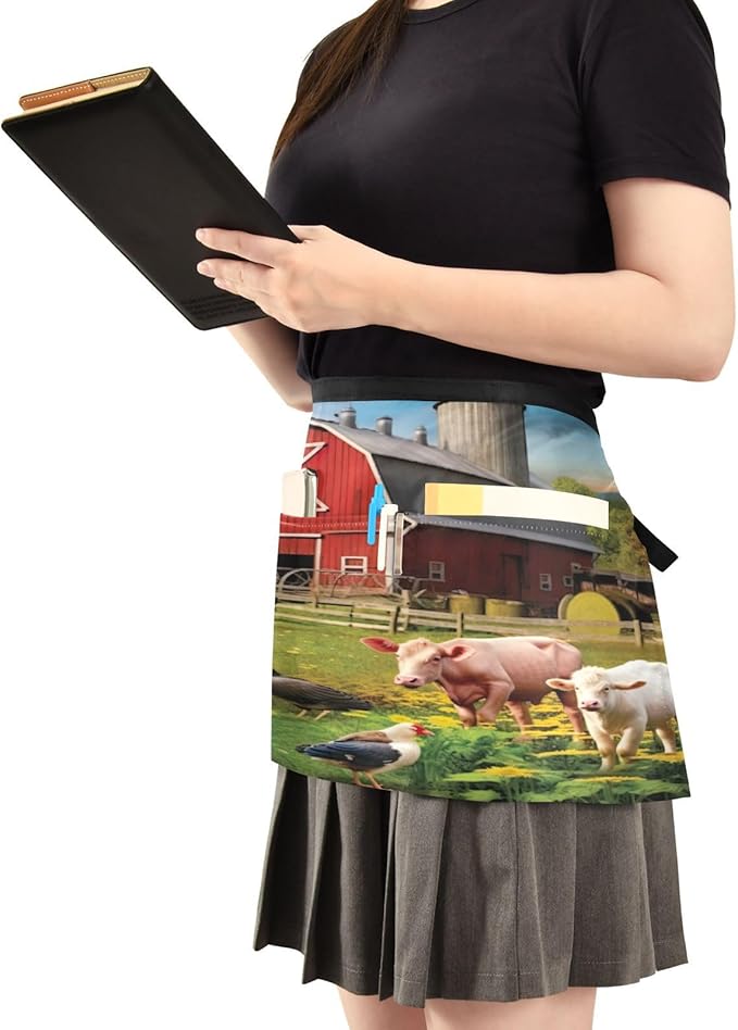 Farmhouse Animals Waist Apron with 3 Pockets Water & Oil Resistant Short Waiter Apron Server Waitress Half Apron for Cooking Gardening