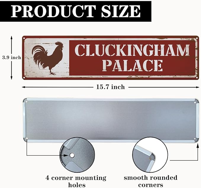 Funny Chicken Coop Decor, Cluckingham Palace Sign, 15.8x4 inches, Vintage Style Metal Sign, Rustic Chicken Decorative, Rooster Farmhouse Decor, Farm Yard Signs, Decorative Aluminum Signs