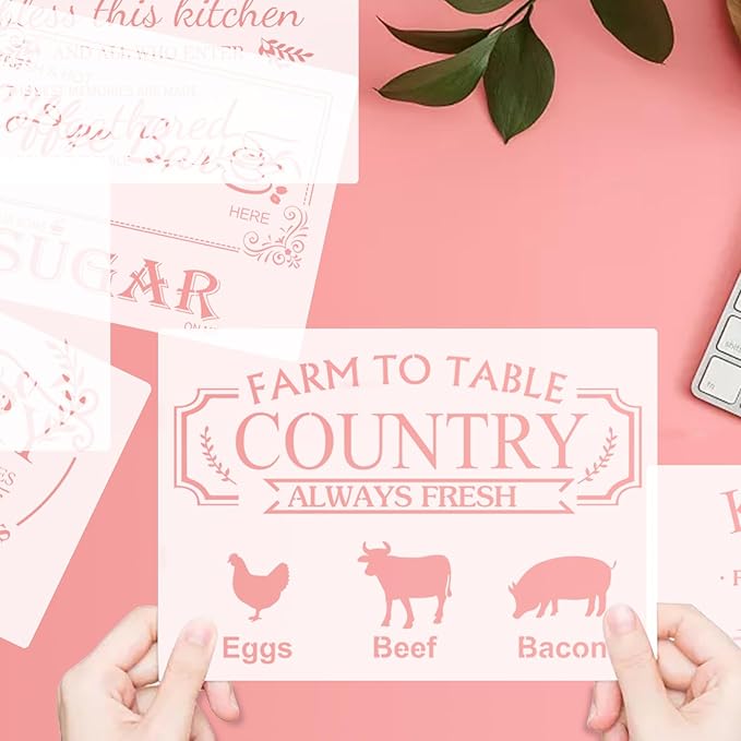 Farmhouse Kitchen Stencil for Painting on Wood,6 Pieces Farmhouse Kitchen Reusable Stencil,Bakery Sign Coffee Painting Templates for DIY Home Decor Wall Furniture