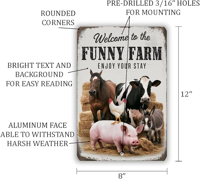 Funny Farm Welcome Sign – Rustic Animal Wall Decor With Horse, Cow, Chicken, Donkey & Pig – Vintage-Style Farmhouse Humor Art 8x12