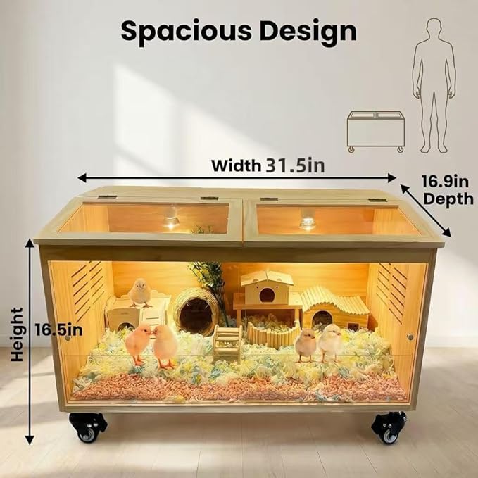 Brooder Box for Chicks Pine Wood Chicken brooder Box with Thermostat & Heating Lamp & Brake Casters， Solid Panels Chick brooder for Chicks, Ducklings, Hamsters, Guinea Pigs - Chew-Proof(32x16x16 in)