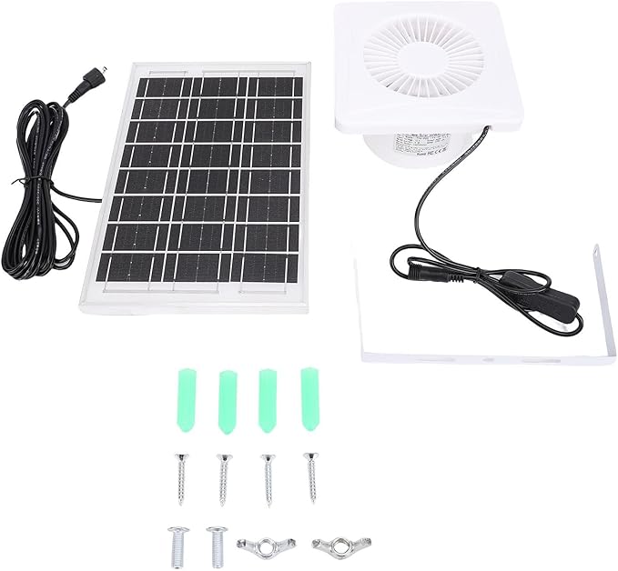 Jiawu Solar Powered Fan, Weatherproof IP67 2700RPM High Greenhouse Fan, Chicken Coop with 6W Panel and 4 Inch Vent for Greenhouse Shed Chicken Coop Pet House