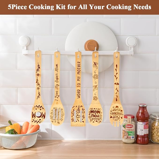 Mothers Day Gifts for Mom from Daughter Son Cooking Spoon,Engraved Bamboo Kitchen Cooking Utensils Set Gifts,Wooden Birthday Gifts for Mom Mother in Law Step Mama,I Love You Mom Gifts