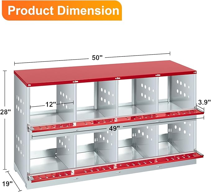 8-Compartment Chicken Nesting Box with Roll-Away Egg Collection - Metal Laying Box for Hens and Ducks, Features Pull-Out Tray & Swing Perch, Wall Mount Design for Coops
