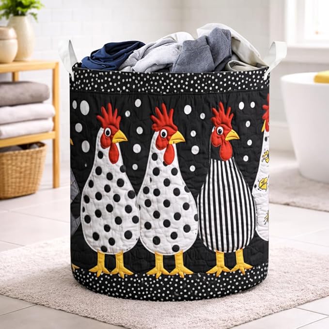 Patchwork Chicken Laundry Basket, Farm Chicken Quilt Laundry Hamper, Rustic Country Textile Clothes Storage Bin, Farmhouse Room Organizer, Vintage Farm Animal Home Decor