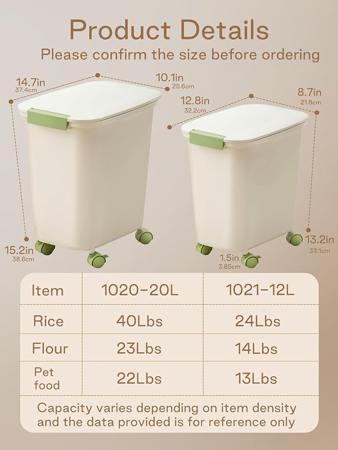 LivLab Mker Rice Dispenser 40-50Lbs - Airtight food rice storage container with lids,cereal flour storage Container,With Measuring spoon and wheels, large flour bin rice organizer bucket (20L)
