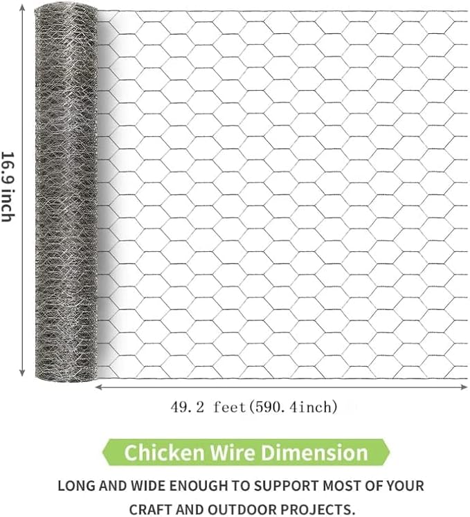 Chicken Wire Fencing 16.9 Inch x 49.2 Ft, Metal Chicken Wire Fencing Mesh for Crafts, 0.6 Inch Hexagonal Galvanized Netting for Poultry Rabbit Coop