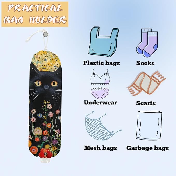 2PCS Cat Plastic Bag Holder, Wall Mount Grocery Bag Holder for Plastic Storage bag, Storage Organizer Reusable Grocery Bags, Pull Rope Free Adjustment, Cat Lover Gifts for Women Mom Sister
