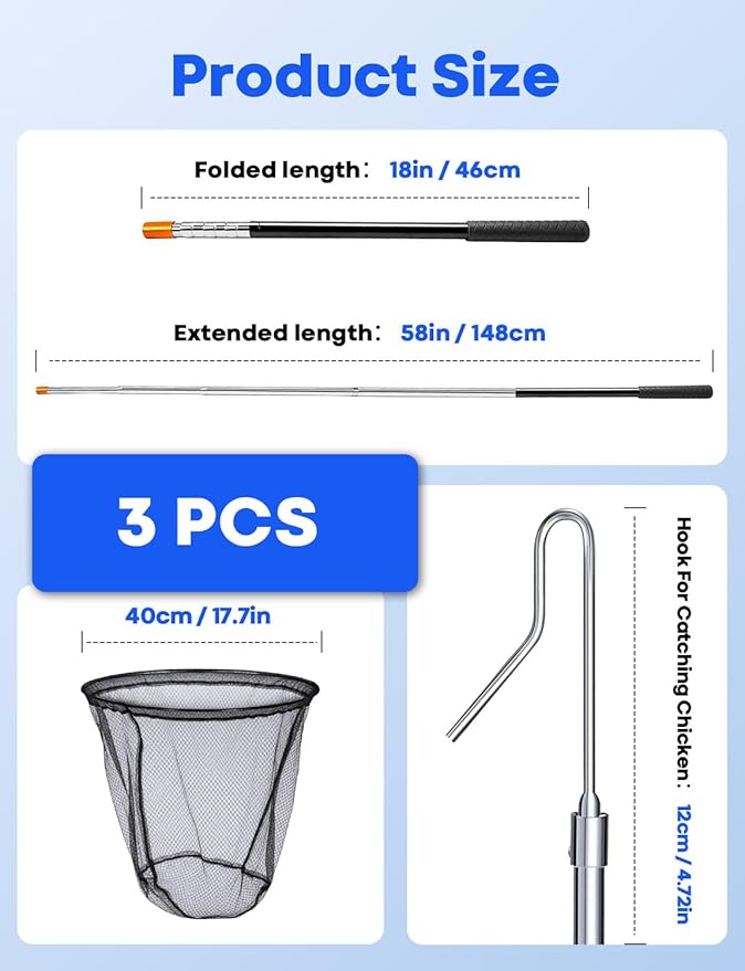 Stainless Steel Retractable Chicken Catching Net - Extendable 16" to 58.5" Poultry Net with Leg Hook for Safe Catching of Chickens, Ducks, Geese & Small Birds