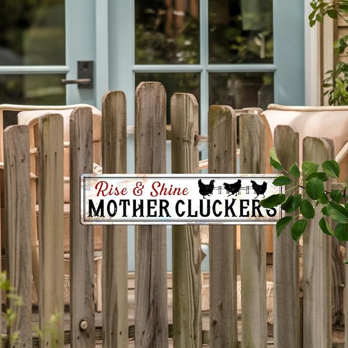 Rise & Shine Mother Cluckers Metal Tin Sign Farmhouse Wall Decor for Kitchen Farmhouse Entryway Living Room Bedroom 4x16 Inch