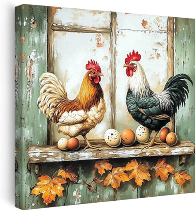 CCWORKERRY Chicken Kitchen Pictures Wall Art Rooster and Eggs Canvas Prints Farm Animals Wall Decor for Farmhouse Dining Room Decor Framed(Green,18" x 18")