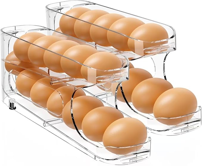 Sotfamily Egg Holder for Fridge, Auto Rolling Egg Storage Organizer for Refrigerator, Clear Space Saving Container, Dispenser - FIFO Egg Roller for Eggs 24 Count