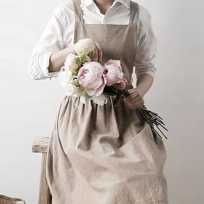 Cotton and linen Kitchen Cooking Aprons Dress for Women with Pockets Cute for Baking Painting Gardening Cleaning