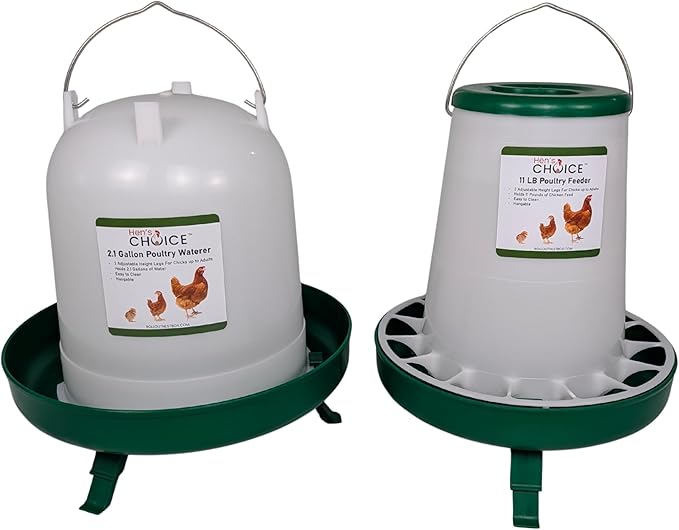 Hen's Choice Chicken Feeder and Waterer Set, 11 lb Feed Capacity, 2.1 Gallon Water Capacity, Adjustable Height (Green)