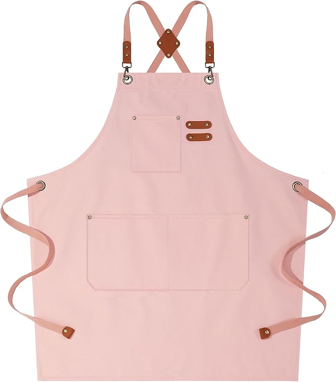 AFUN Chef Aprons for Women Men with Oversized Pockets, 12-Ounce Cotton Canvas Cross Back Water Repellent Apron (Light Pink)