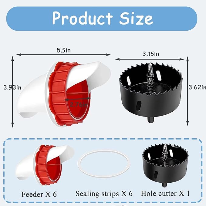 DWYIZMOT Chicken Feeder No Waste, Rain-Proof Poultry Automatic Feeder with Lid Gravity Feeding Kit 6 Ports -1 Holes Saw Buckets, Buckets, Boxes and Slots…