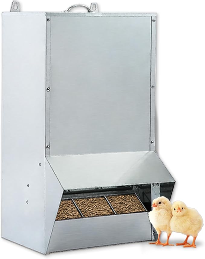 30lbs Capacity Galvanized Chicken Feeder,Outdoor Poultry Feeder with Weatherproof Lid,Hanging Chicken Feeder, Coop Food Dispenser