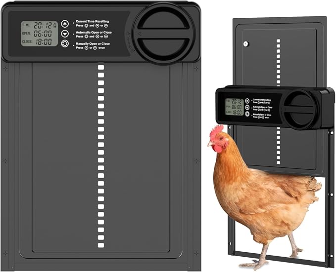 Automatic Chicken Coop Door, Battery Powered Electric Chicken Coop Door with Smart Timer, Anti-Pinch Sensor, LCD Display& Low Battery Reminder for Hens, Ducks, Geese Poultry