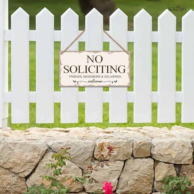 No Soliciting Family Friends Neighbors Deliveries Welcome Funny Rustic Wooden Front Door Sign Vintage Outdoor Wall Art Hanging Plaque for Porch Yard Store Home Farmhouse Decor 10''x 5''