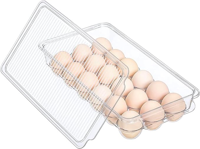 Egg Holder for fridge with Lid, Clear Plastic Egg Storage Container Refrigerator Organizer Bins, Stackable Tray Holds 18 Eggs Trays Storage (1 pack, 18 Eggs)